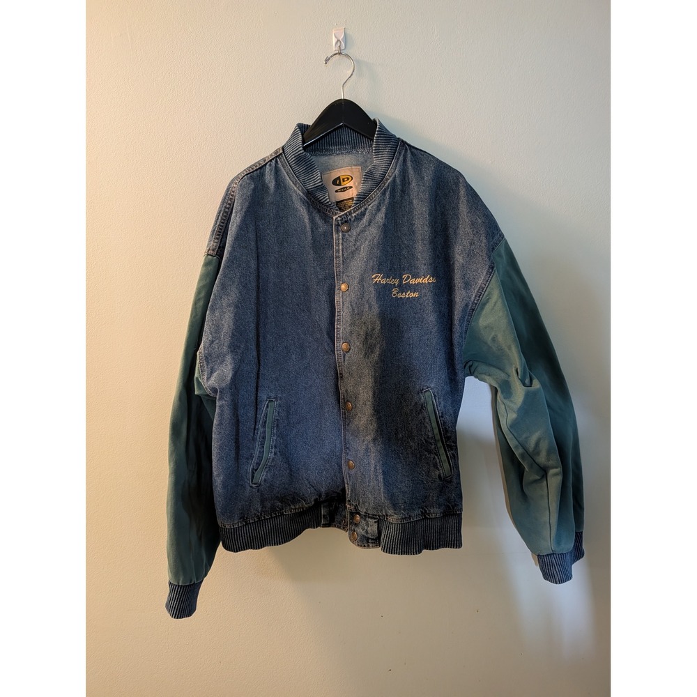 Vtg 90s Harley Davidson Boston Jacket Mens XL iD Wear Denim Contrast Sleeve Work